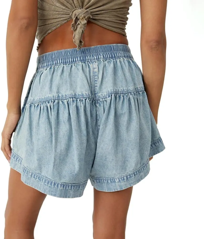 Women's Summer Denim Shorts Button Up Pleated Jean Shorts Casual High Waisted Wide Leg Denim Skort with Pockets