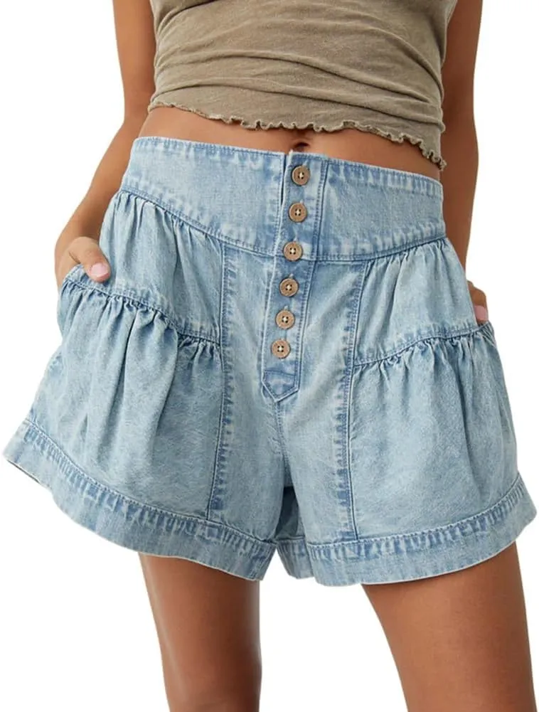 Women's Summer Denim Shorts Button Up Pleated Jean Shorts Casual High Waisted Wide Leg Denim Skort with Pockets