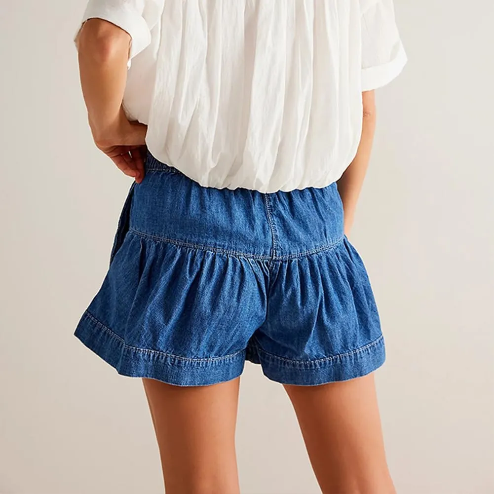 Women's Summer Denim Shorts Button Up Pleated Jean Shorts Casual High Waisted Wide Leg Denim Skort with Pockets