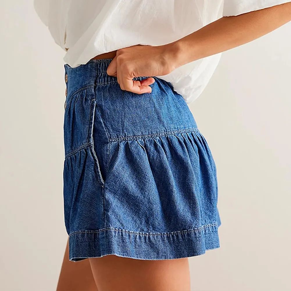 Women's Summer Denim Shorts Button Up Pleated Jean Shorts Casual High Waisted Wide Leg Denim Skort with Pockets