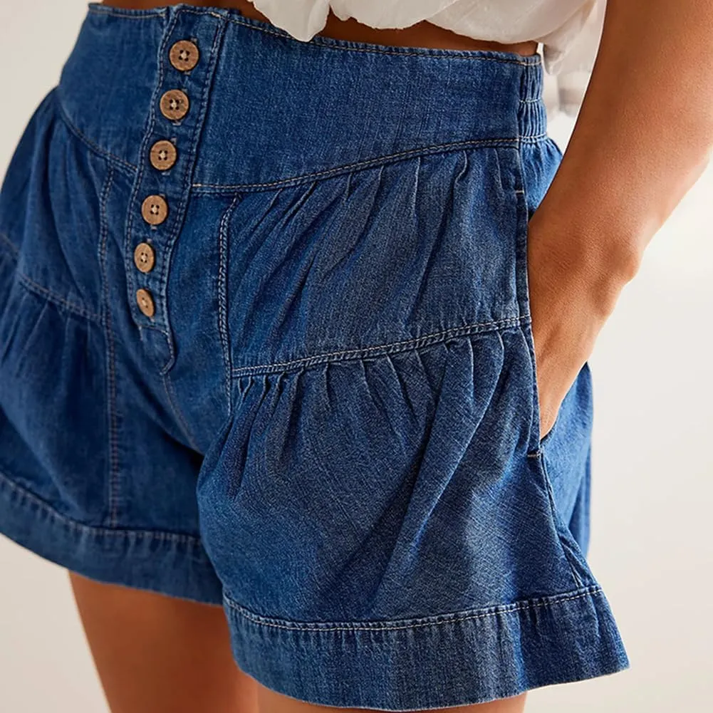 Women's Summer Denim Shorts Button Up Pleated Jean Shorts Casual High Waisted Wide Leg Denim Skort with Pockets