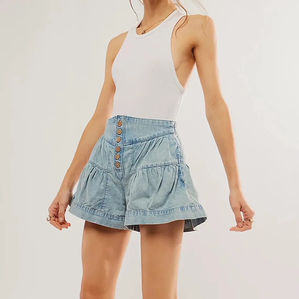 Women's Summer Denim Shorts Button Up Pleated Jean Shorts Casual High Waisted Wide Leg Denim Skort with Pockets