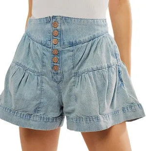Women's Summer Denim Shorts Button Up Pleated Jean Shorts Casual High Waisted Wide Leg Denim Skort with Pockets