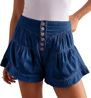 Women's Summer Denim Shorts Button Up Pleated Jean Shorts Casual High Waisted Wide Leg Denim Skort with Pockets