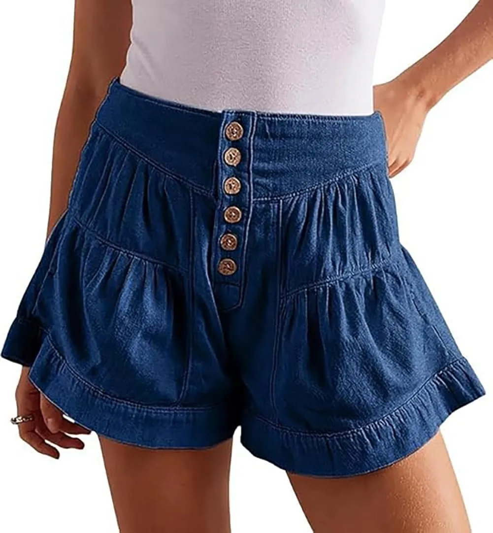 Women's Summer Denim Shorts Button Up Pleated Jean Shorts Casual High Waisted Wide Leg Denim Skort with Pockets