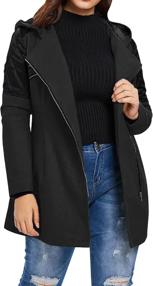 Womens Trench Coats Side Zipper Hoodie Jackets Plus Size Wool-Blend Notch Lapel Parka Asymmetrical Moto Jacket