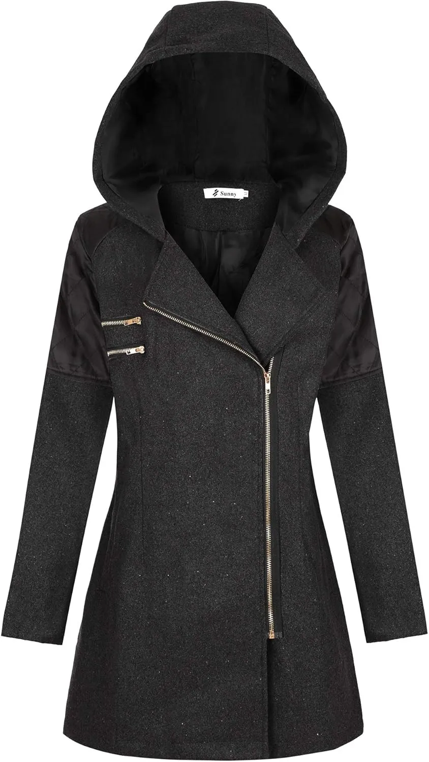 Womens Trench Coats Side Zipper Hoodie Jackets Plus Size Wool-Blend Notch Lapel Parka Asymmetrical Moto Jacket