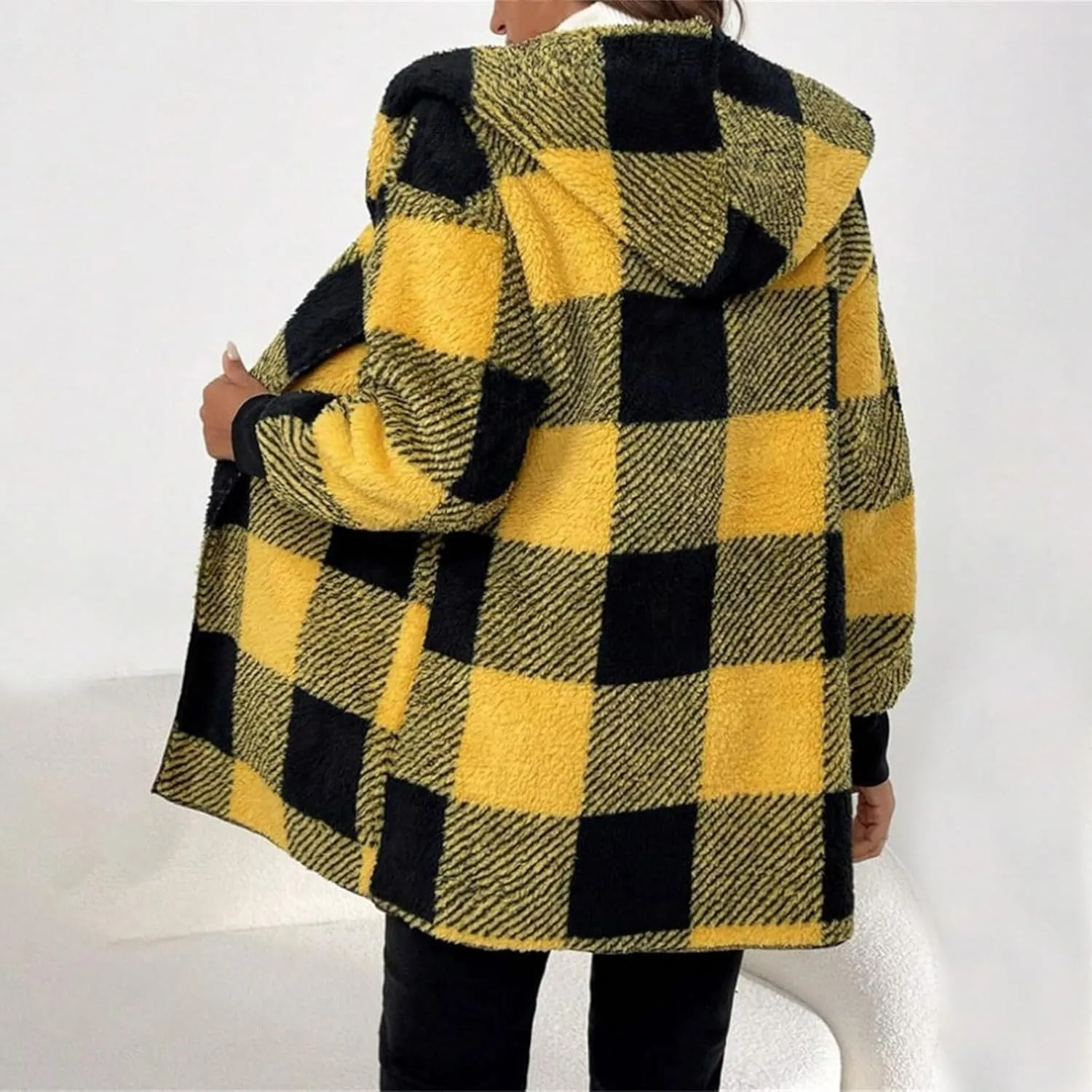 Womens Winter Coats Warm Plush Jackets Open Front Long Sleeve Cardigan Trendy Plaid Fuzzy Outerwear