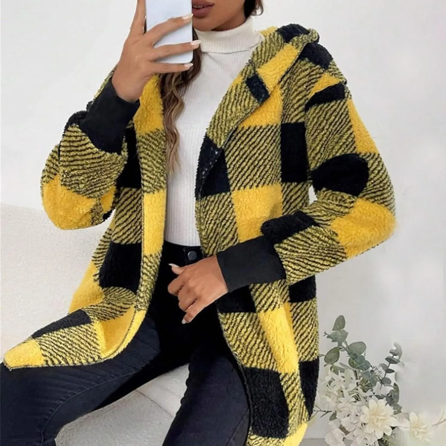 Womens Winter Coats Warm Plush Jackets Open Front Long Sleeve Cardigan Trendy Plaid Fuzzy Outerwear