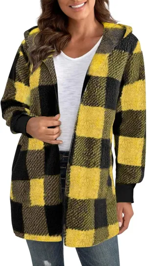 Womens Winter Coats Warm Plush Jackets Open Front Long Sleeve Cardigan Trendy Plaid Fuzzy Outerwear