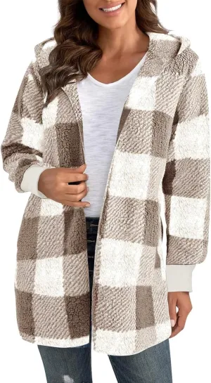 Womens Winter Coats Warm Plush Jackets Open Front Long Sleeve Cardigan Trendy Plaid Fuzzy Outerwear