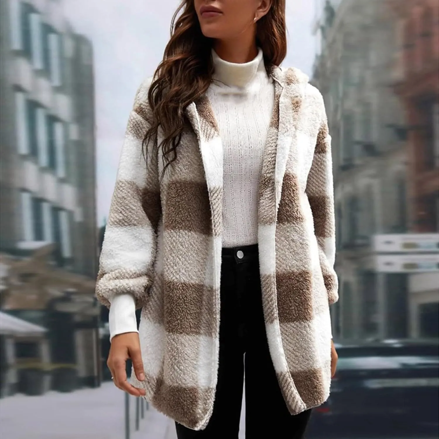 Womens Winter Coats Warm Plush Jackets Open Front Long Sleeve Cardigan Trendy Plaid Fuzzy Outerwear