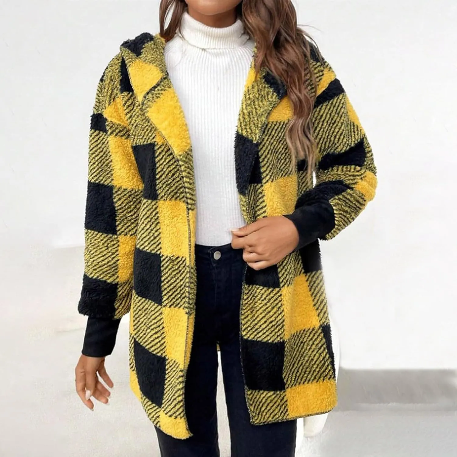Womens Winter Coats Warm Plush Jackets Open Front Long Sleeve Cardigan Trendy Plaid Fuzzy Outerwear
