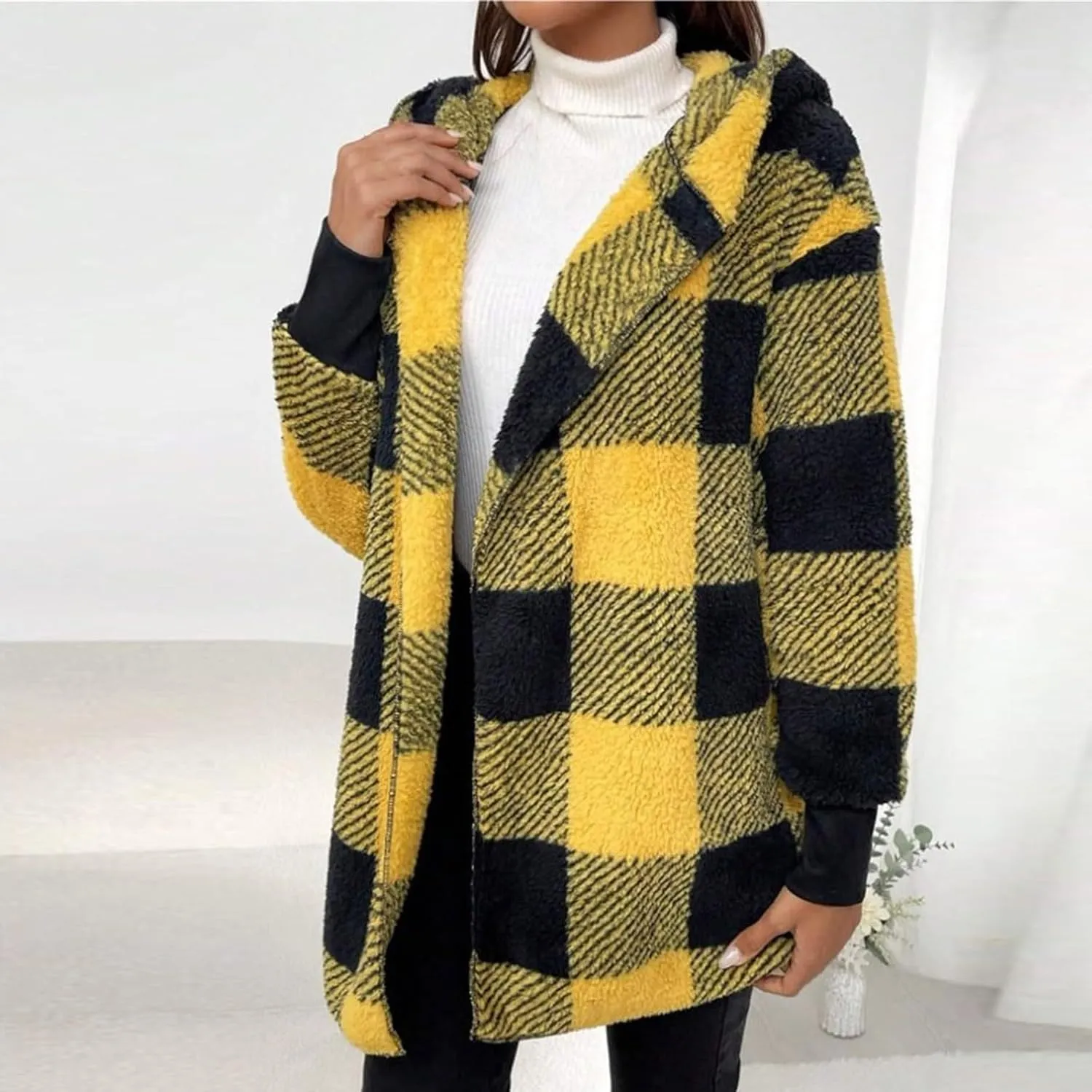 Womens Winter Coats Warm Plush Jackets Open Front Long Sleeve Cardigan Trendy Plaid Fuzzy Outerwear