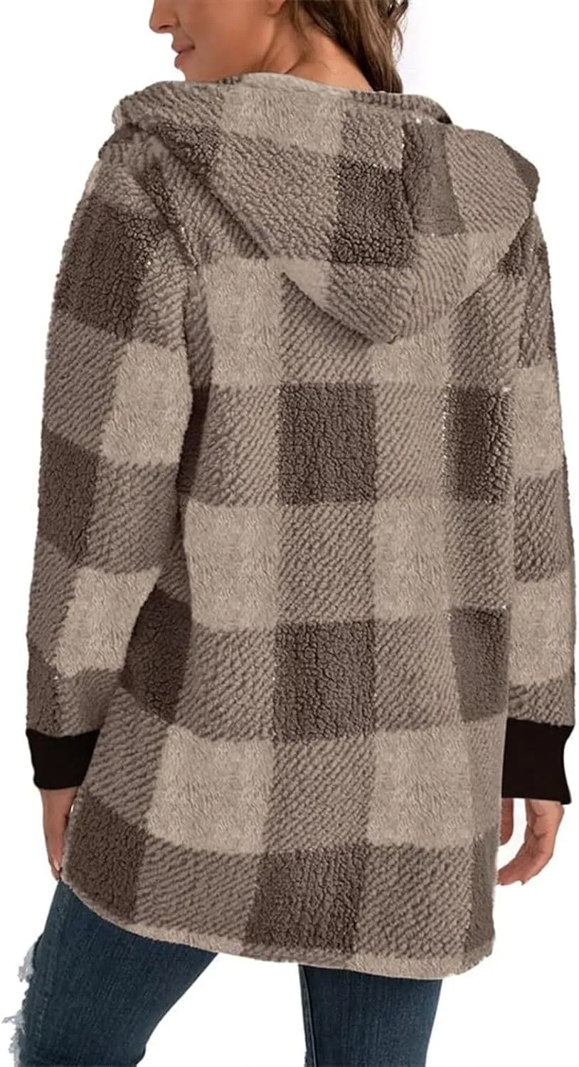 Womens Winter Coats Warm Plush Jackets Open Front Long Sleeve Cardigan Trendy Plaid Fuzzy Outerwear
