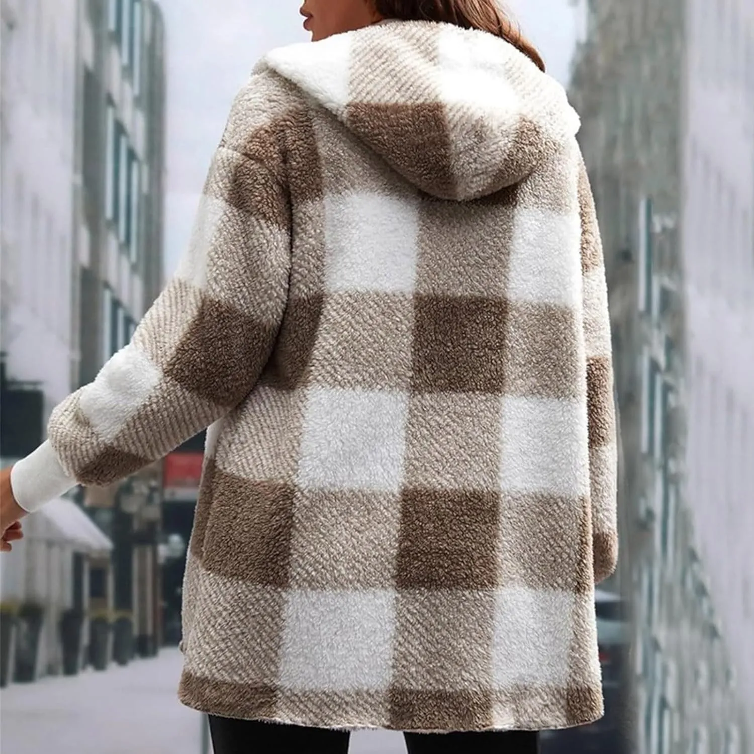 Womens Winter Coats Warm Plush Jackets Open Front Long Sleeve Cardigan Trendy Plaid Fuzzy Outerwear
