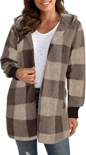 Womens Winter Coats Warm Plush Jackets Open Front Long Sleeve Cardigan Trendy Plaid Fuzzy Outerwear