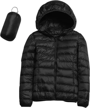 Womens Winter Cropped Jackets Packable Lightweight Solid Color Casual Puffer Jacket Warm Zip Up Hooded Quilted Down Jacket