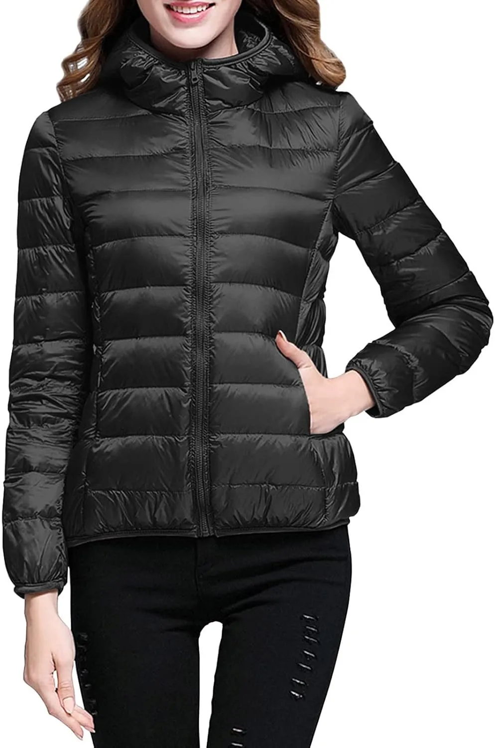 Womens Winter Cropped Jackets Packable Lightweight Solid Color Casual Puffer Jacket Warm Zip Up Hooded Quilted Down Jacket