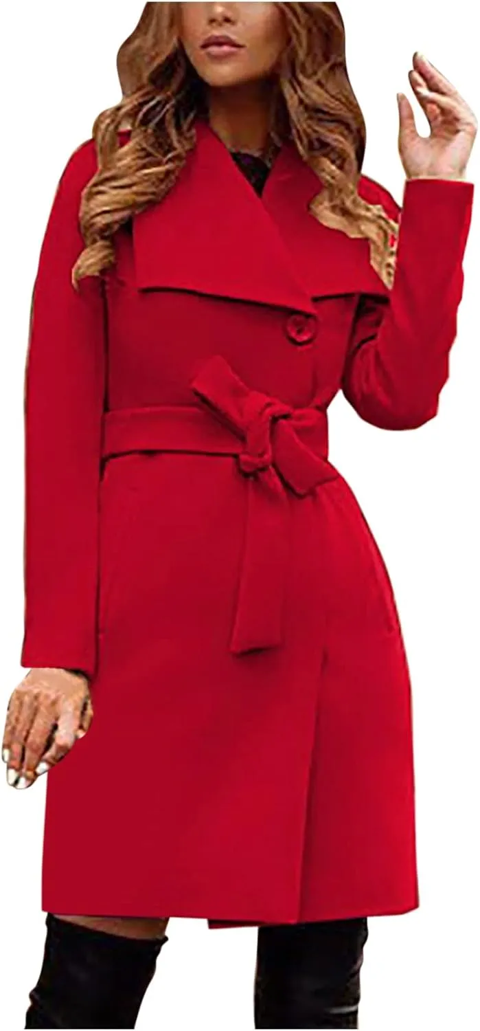 Women's Winter Pea Coat Wool Trench Coat Wrap Collar Jacket Outwear Single Breasted Mid-Long Coat with Belt