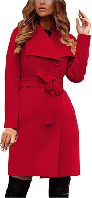 Women's Winter Pea Coat Wool Trench Coat Wrap Collar Jacket Outwear Single Breasted Mid-Long Coat with Belt
