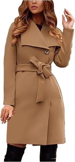 Women's Winter Pea Coat Wool Trench Coat Wrap Collar Jacket Outwear Single Breasted Mid-Long Coat with Belt