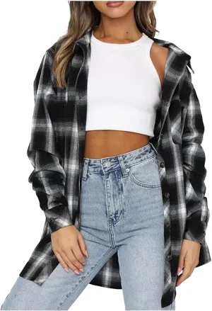 Women's Winter Sweaters Oversized Women's Plaid Coats Fall Light Flannel Shacket Plaid Jacket Loose Boyfriend Plaid Coat with Pockets Fall Womens Outfits Black