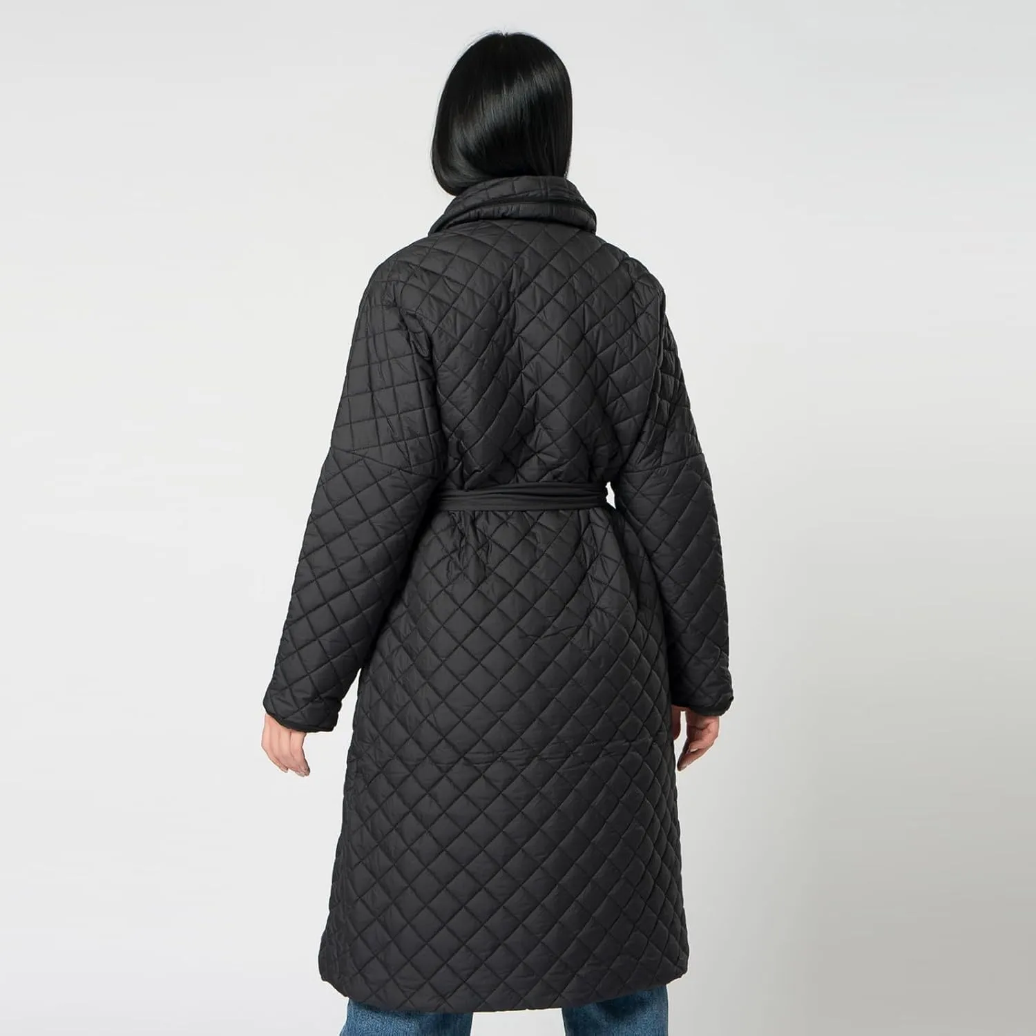 Women's Winter Warm Coats Lapel Mid-Length Diamond Quilted Down Jacket With Belt Oversized Open Front Jacket Cardigan