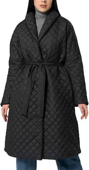 Women's Winter Warm Coats Lapel Mid-Length Diamond Quilted Down Jacket With Belt Oversized Open Front Jacket Cardigan