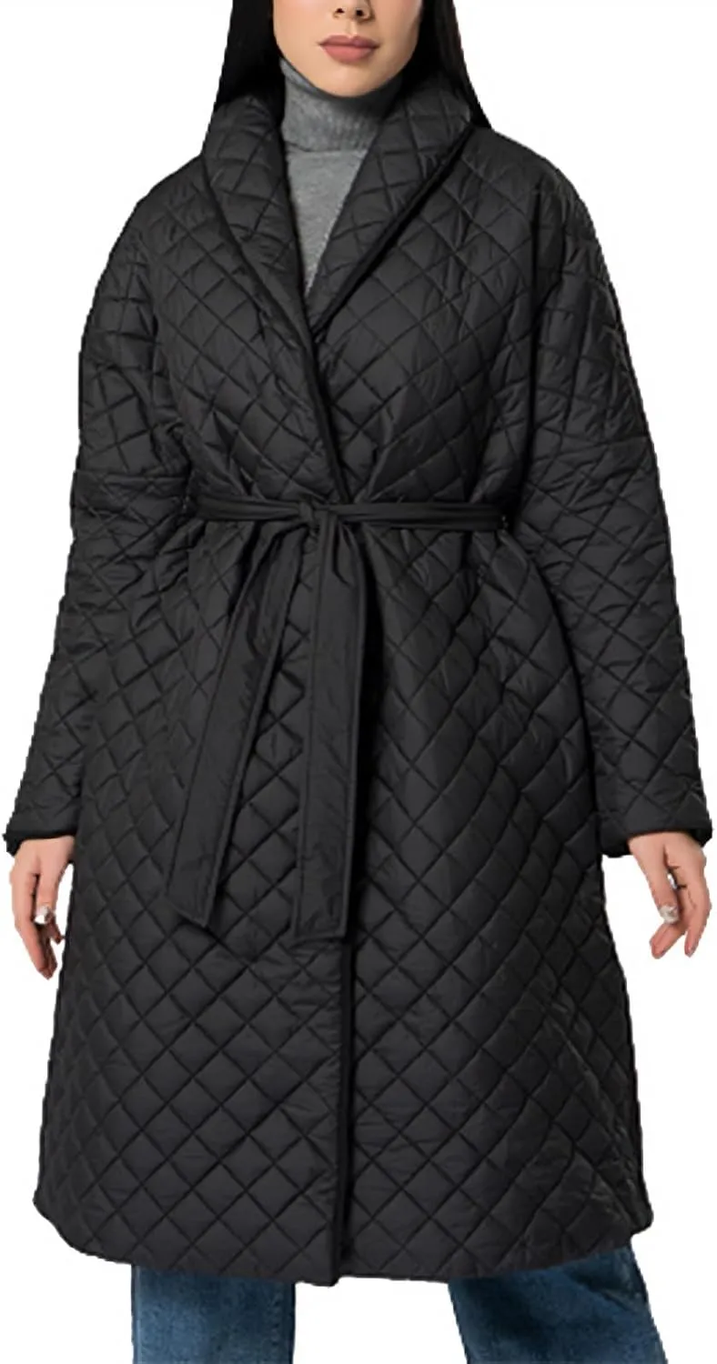 Women's Winter Warm Coats Lapel Mid-Length Diamond Quilted Down Jacket With Belt Oversized Open Front Jacket Cardigan