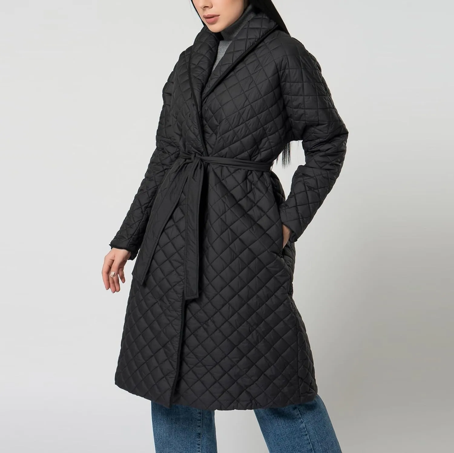 Women's Winter Warm Coats Lapel Mid-Length Diamond Quilted Down Jacket With Belt Oversized Open Front Jacket Cardigan