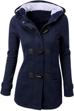 Womens Wool Blend Pea Coat Horn Button Fleece Coat Zipper Hooded Outwear Thicken Warm Casual Jackets with Pockets