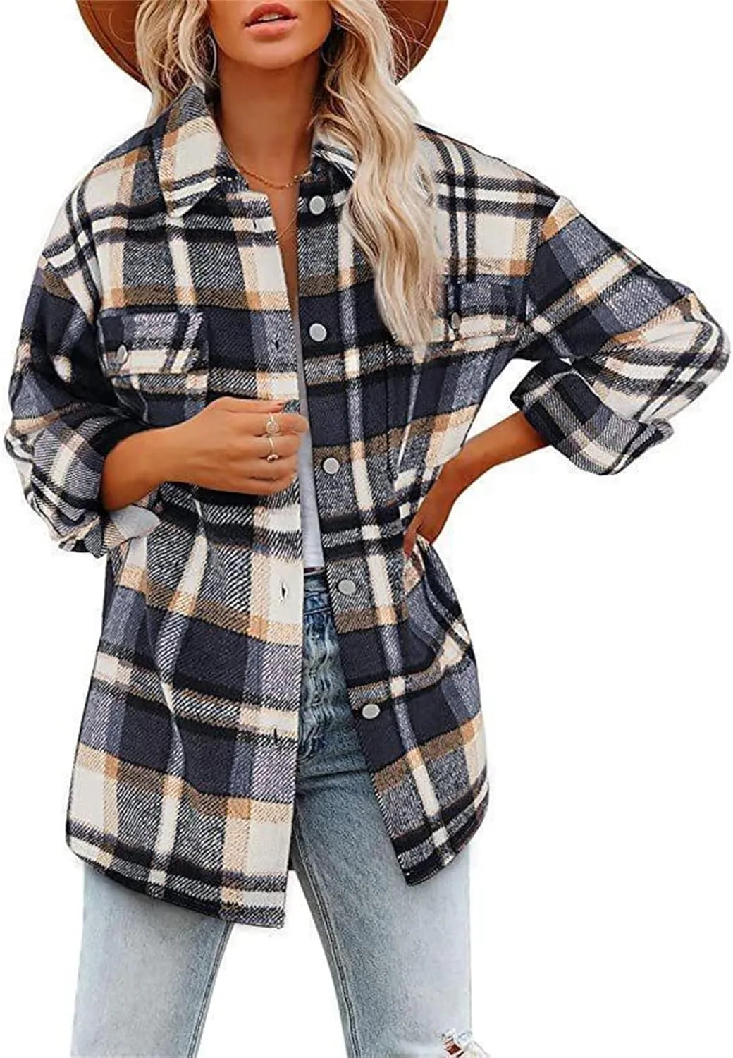 Womens Wool Blend Plaid Jacket 2024 Casual Flannel Shacket Fall Trendy Button Down Shirt Coat Oversized Blouses Tops