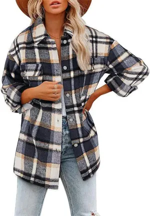 Womens Wool Blend Plaid Jacket 2024 Casual Flannel Shacket Fall Trendy Button Down Shirt Coat Oversized Blouses Tops