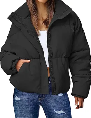 Wyeysyt Women's Winter Cropped Puffer Jacket Zip Long Sleeve Warm Short Coats Stand Collar Quilted Jacket with Pockets
