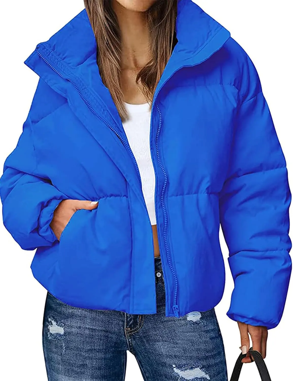 Wyeysyt Women's Winter Cropped Puffer Jacket Zip Long Sleeve Warm Short Coats Stand Collar Quilted Jacket with Pockets