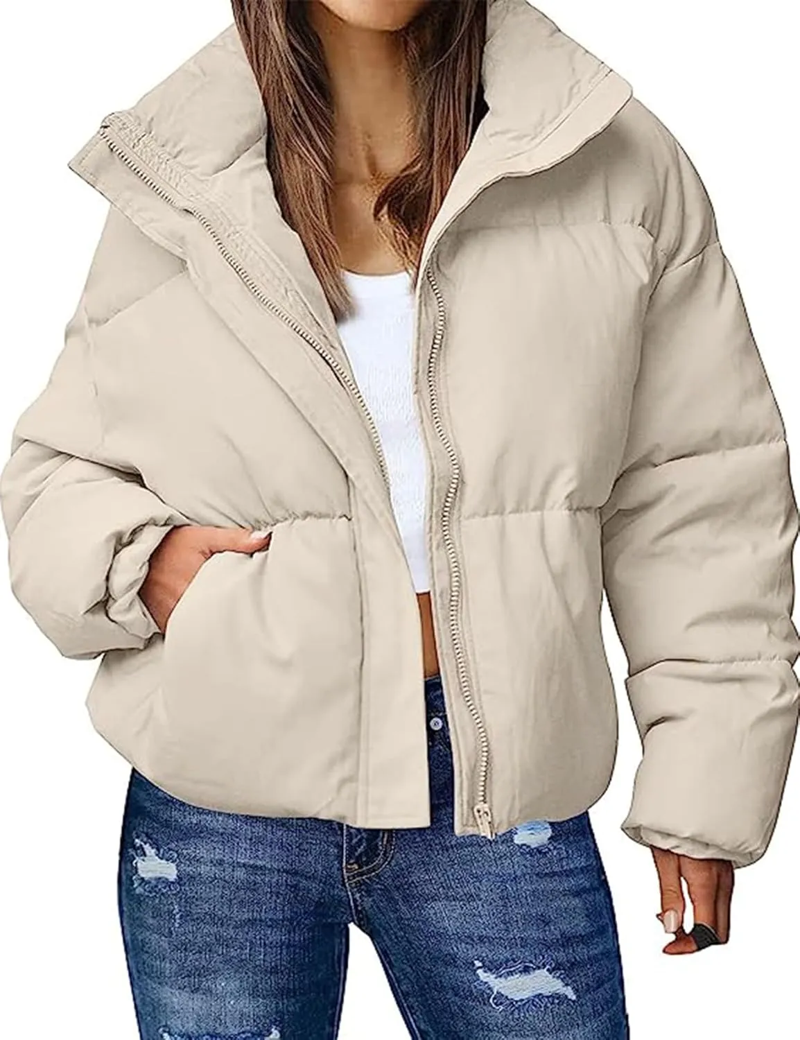 Wyeysyt Women's Winter Cropped Puffer Jacket Zip Long Sleeve Warm Short Coats Stand Collar Quilted Jacket with Pockets