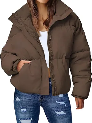 Wyeysyt Women's Winter Cropped Puffer Jacket Zip Long Sleeve Warm Short Coats Stand Collar Quilted Jacket with Pockets