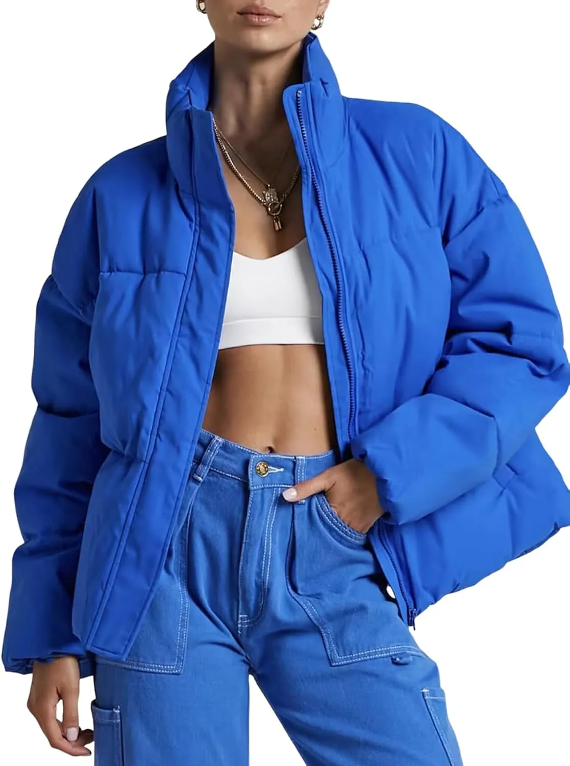 Wyeysyt Women's Winter Cropped Puffer Jacket Zip Long Sleeve Warm Short Coats Stand Collar Quilted Jacket with Pockets