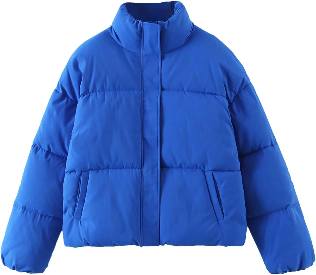 Wyeysyt Women's Winter Cropped Puffer Jacket Zip Long Sleeve Warm Short Coats Stand Collar Quilted Jacket with Pockets