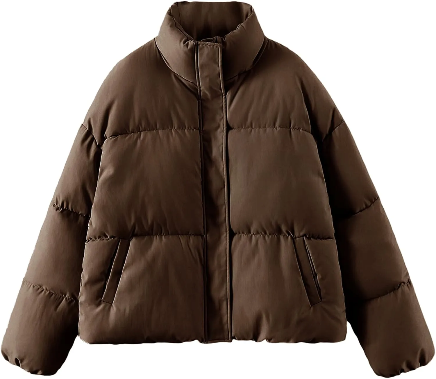 Wyeysyt Women's Winter Cropped Puffer Jacket Zip Long Sleeve Warm Short Coats Stand Collar Quilted Jacket with Pockets