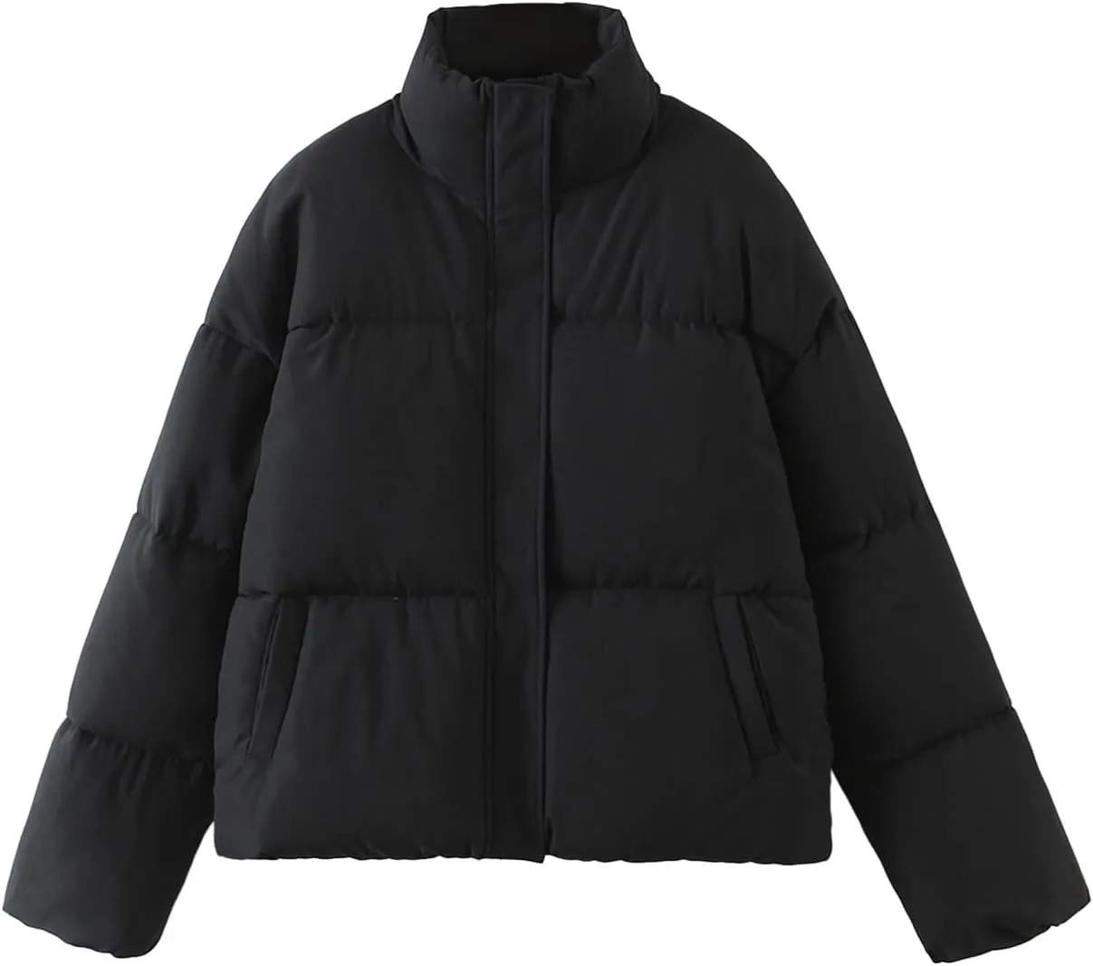 Wyeysyt Women's Winter Cropped Puffer Jacket Zip Long Sleeve Warm Short Coats Stand Collar Quilted Jacket with Pockets