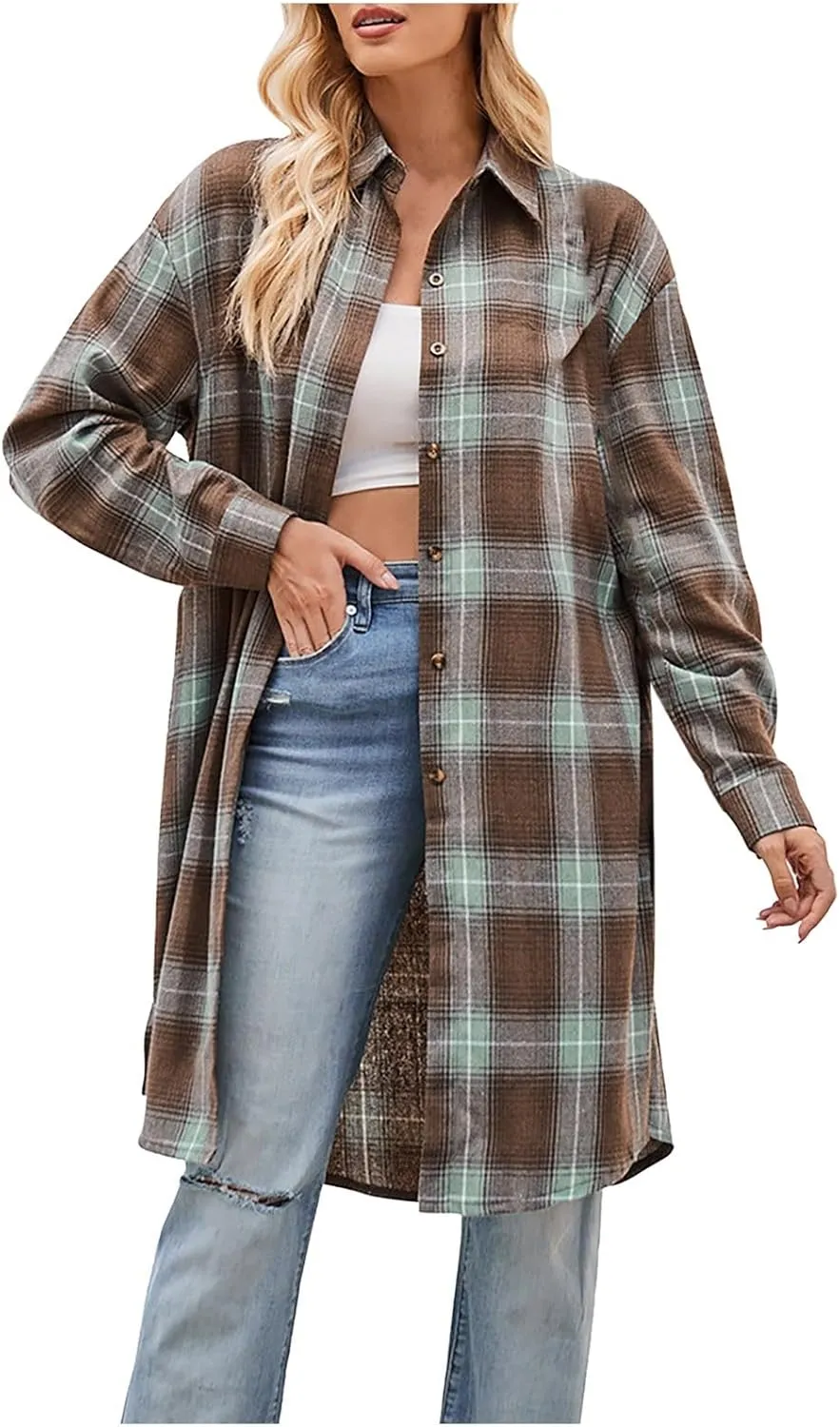 XUNRYAN Days 2024 Shacket Jackets Women Long Flannel Jacket Wool-Blend Casual Button Blouse Coat Winter Fall Outfit Fashion Clothes