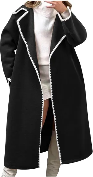 XUNRYAN Trench Coat Women 2024 Embroidery Wool Blend Jackets Fashion Coatigan Casual Open Front Cardigan Maxi Long Coat