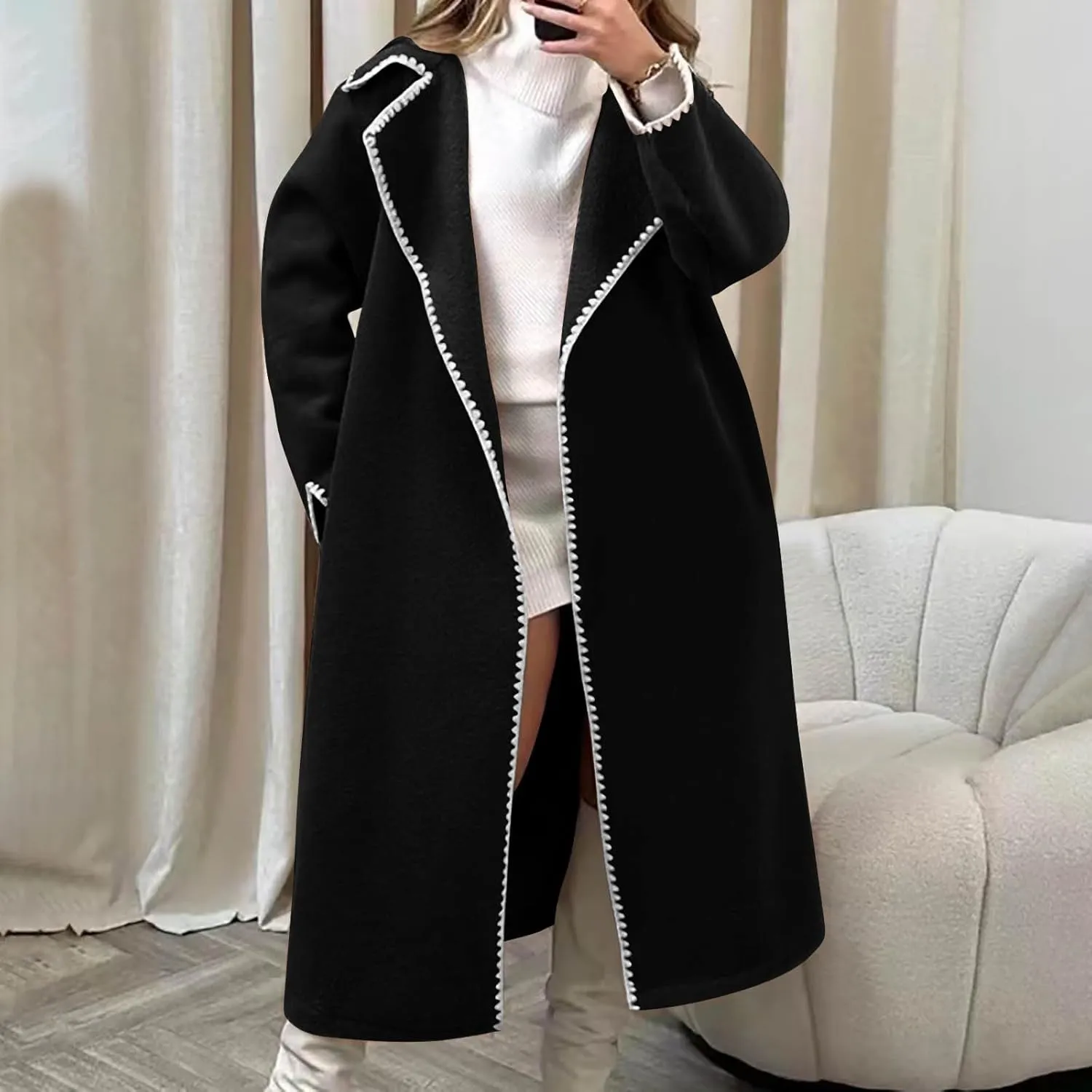 XUNRYAN Trench Coat Women 2024 Embroidery Wool Blend Jackets Fashion Coatigan Casual Open Front Cardigan Maxi Long Coat