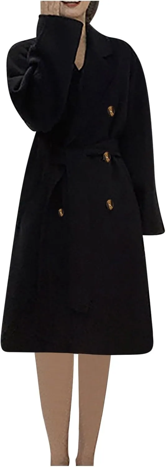 XUNRYAN Womens Classy Trench Coat Long Wool-Blend Jackets Trendy Notch Lapel Casual Peacoat Fashion Overcoat Outerwear