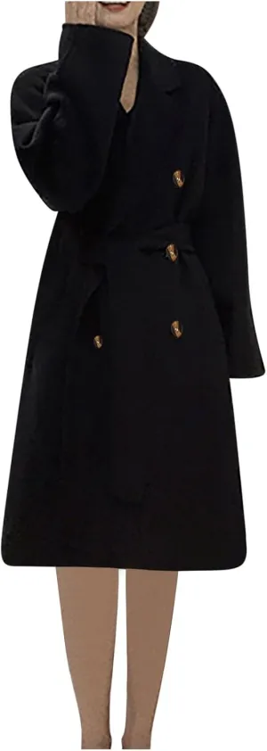 XUNRYAN Womens Classy Trench Coat Long Wool-Blend Jackets Trendy Notch Lapel Casual Peacoat Fashion Overcoat Outerwear