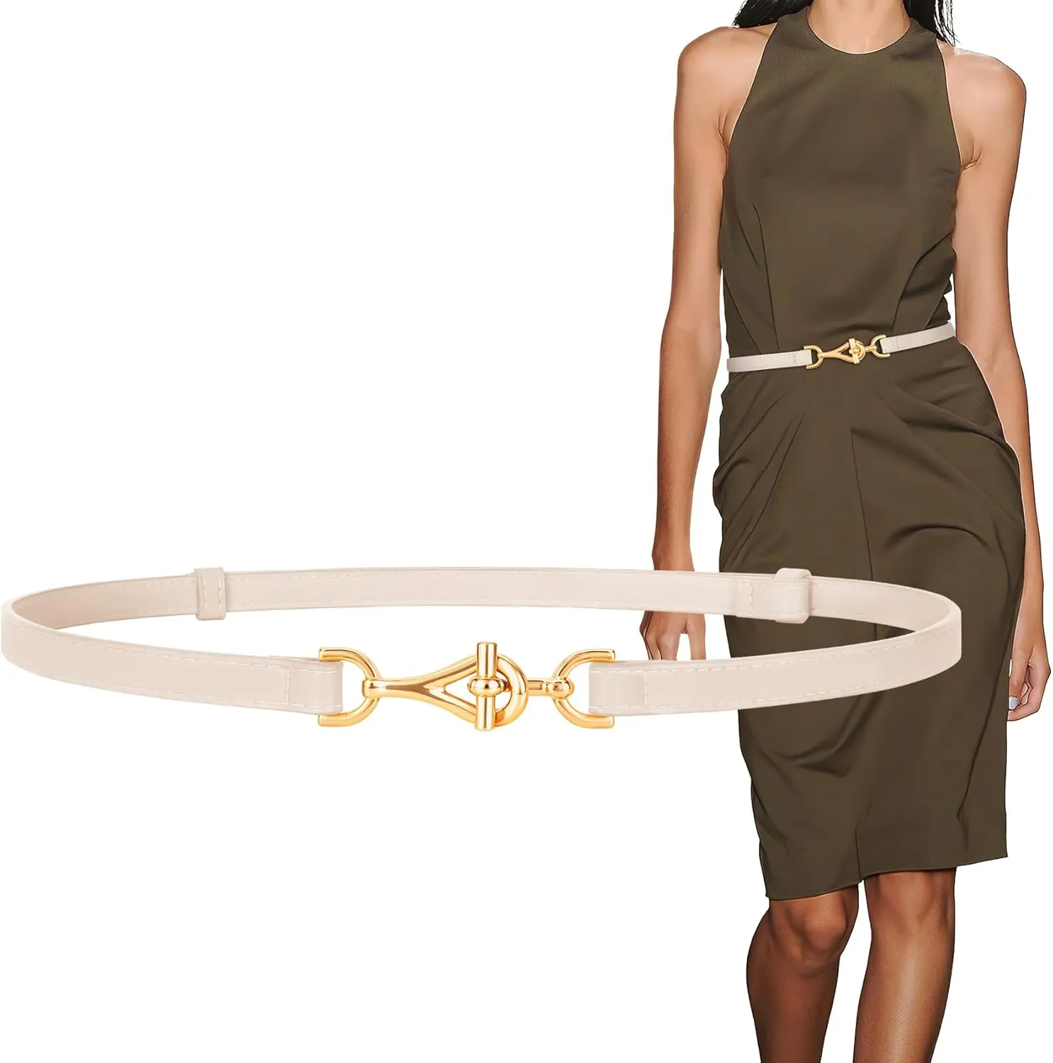 XZQTIVE Leather Skinny Belt for Women Adjustable Thin Waist Belt Gold Buckle for Dresses Coats Jeans