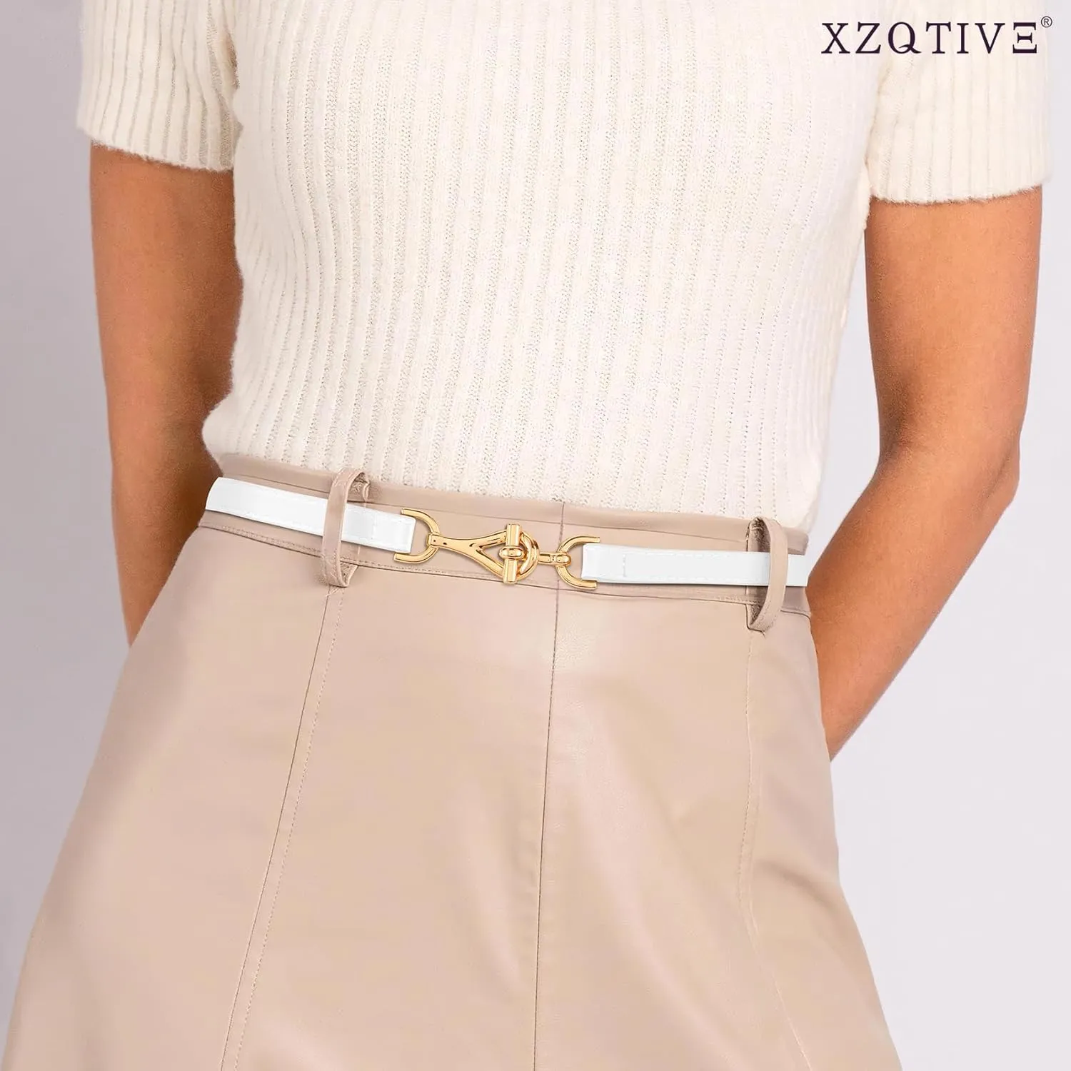 XZQTIVE Leather Skinny Belt for Women Adjustable Thin Waist Belt Gold Buckle for Dresses Coats Jeans
