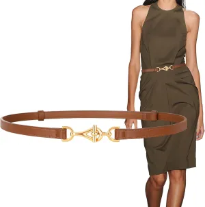 XZQTIVE Leather Skinny Belt for Women Adjustable Thin Waist Belt Gold Buckle for Dresses Coats Jeans